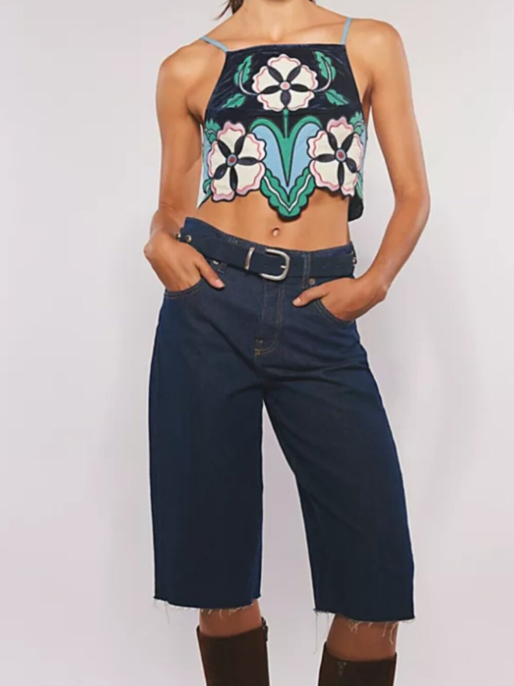 NWT Free People Lotus Applique Halter Top in Navy Combo